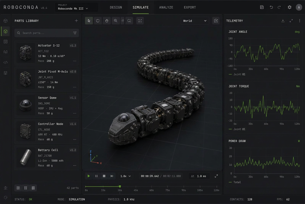 Roboconda simulator workspace showing parts library, 3D viewport and telemetry